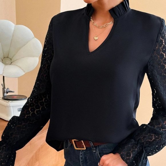 Black Elegant Womens Contrast Lace Flounce Sleeve Frilled Neck Blouse - Picture 3 of 4